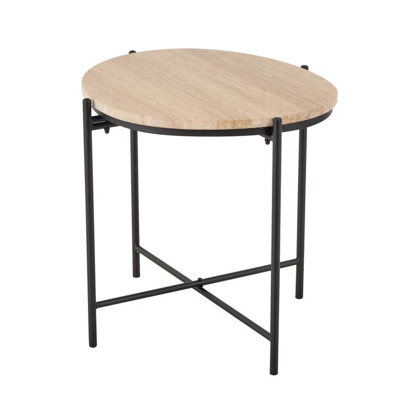 Beige Marble Side End Accent Table with Black Metal Support