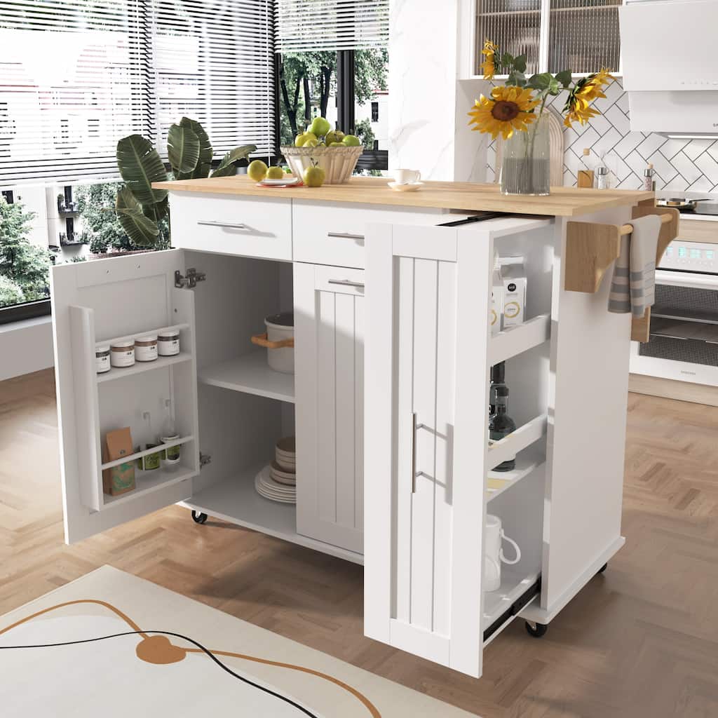 Kitchen Island Kitchen Storage Cart with Folding Board Storage Organizer Towel Rack Wheels 2 Drawers, for Kitchen, White