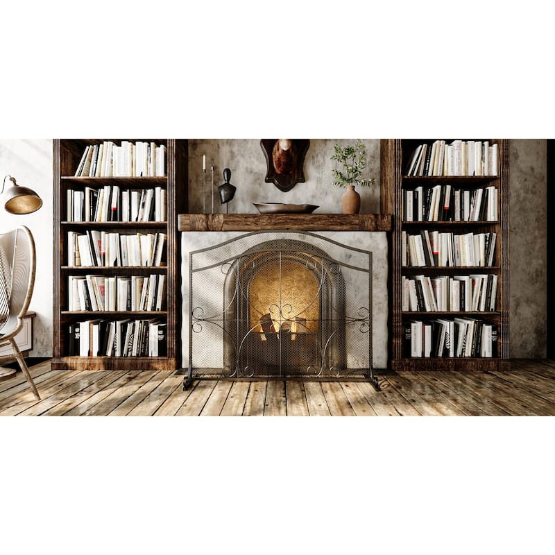 Vintage Wrought Iron Fireplace Screen with Arched Top, Decorative Scroll Design, Sturdy Mesh Spark Guard for Home Hearth