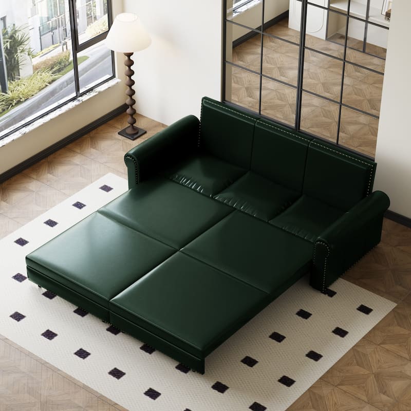 93.7" King Faux Leather Pull Out Sofa Bed, 3-in-1 with Nailhead Trim & Rolled Arm for Living Room Office - Green