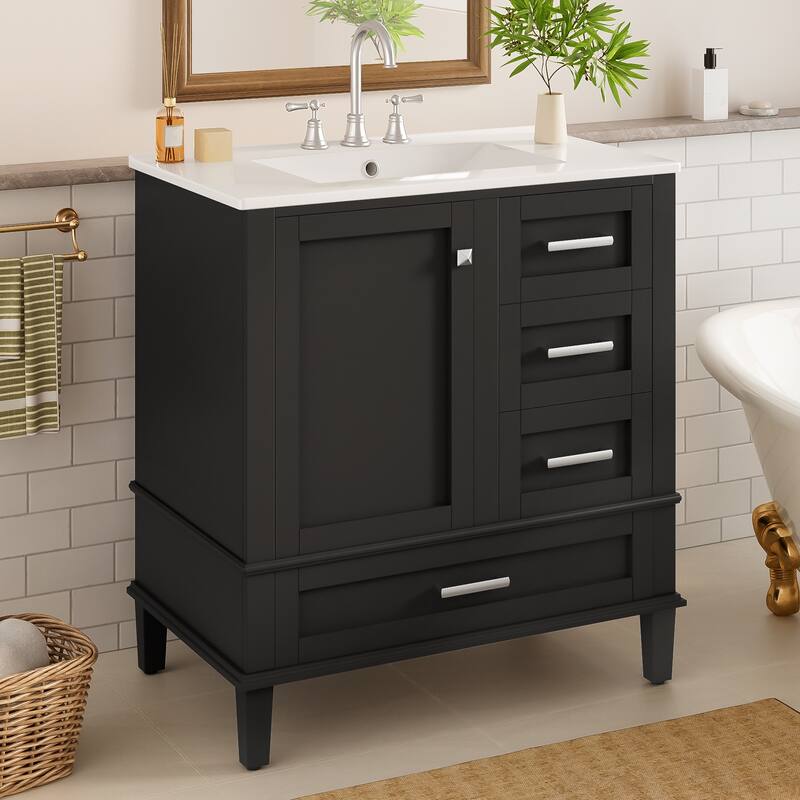 GDFStudio - Lumia Transitional Space Saving Freestanding Bathroom Vanity Cabinet with Ceramic Sink and Soft Close Storage