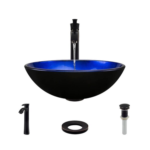 Rene R5-5008-R9-7006 16-1/2" Glass Vessel Bathroom Sink with Vessel Faucet, Sink Ring, and Vessel Pop-Up Drain