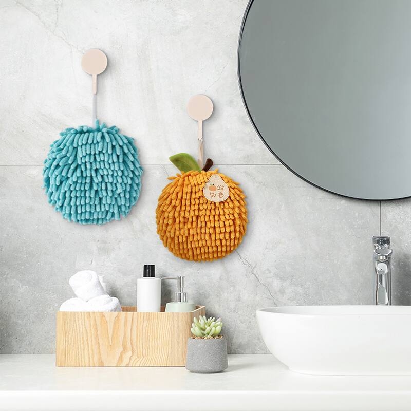 Soft Absorbent Fluffy Chenille Ball Hand Towels, Set of 2 Fuzzy Decorative Towel with Wall Hook for Bathroom 6" x 6" - 6" x 6" - Pink