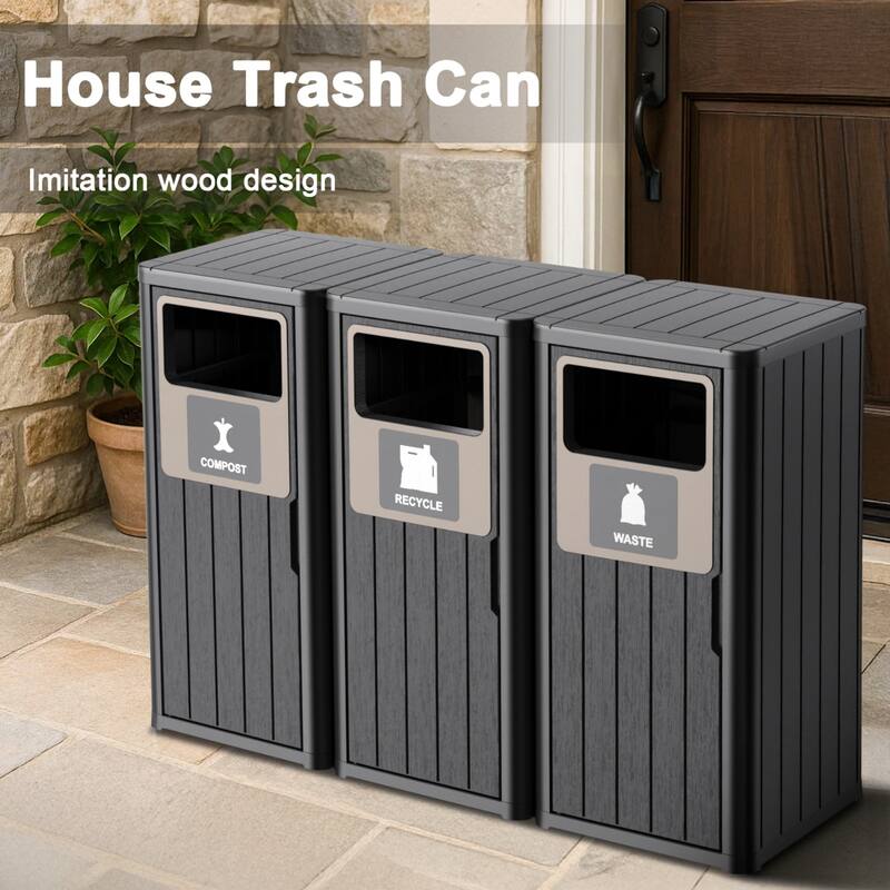 Outdoor Tripple Barrel Trash Can,Waterproof Resin Garbage Can with Garbage Labels,Durable Waste Bin for Porch, Backyard