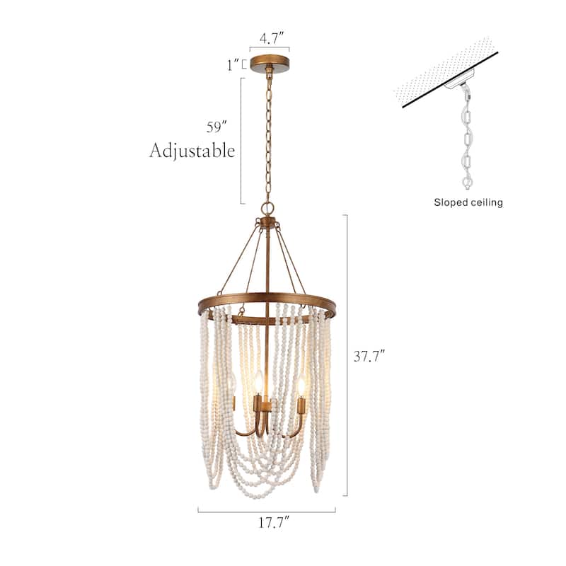 Renia Farmhouse Large 37.7inch 4-light Wood Beads Coastal Chandelier Antique Gold Light for Dining Room Bedroom Entryway