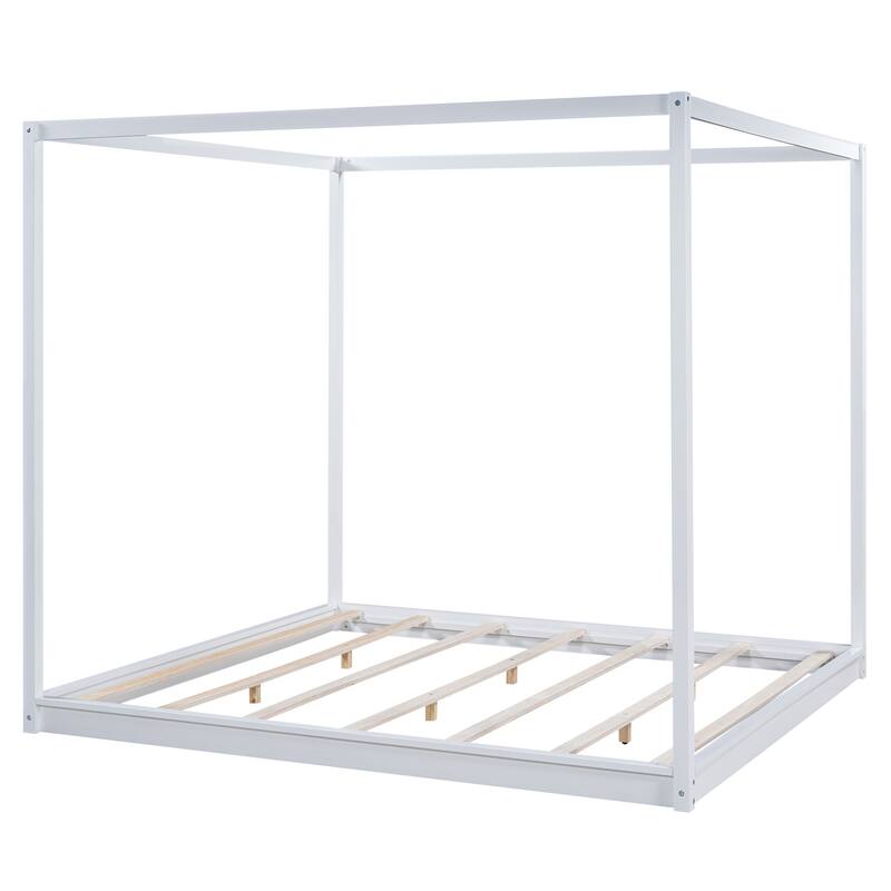 Floor Platform Bed Frame with Slats Support, Wooden Canopy Bed, Four Poster Bed Frame