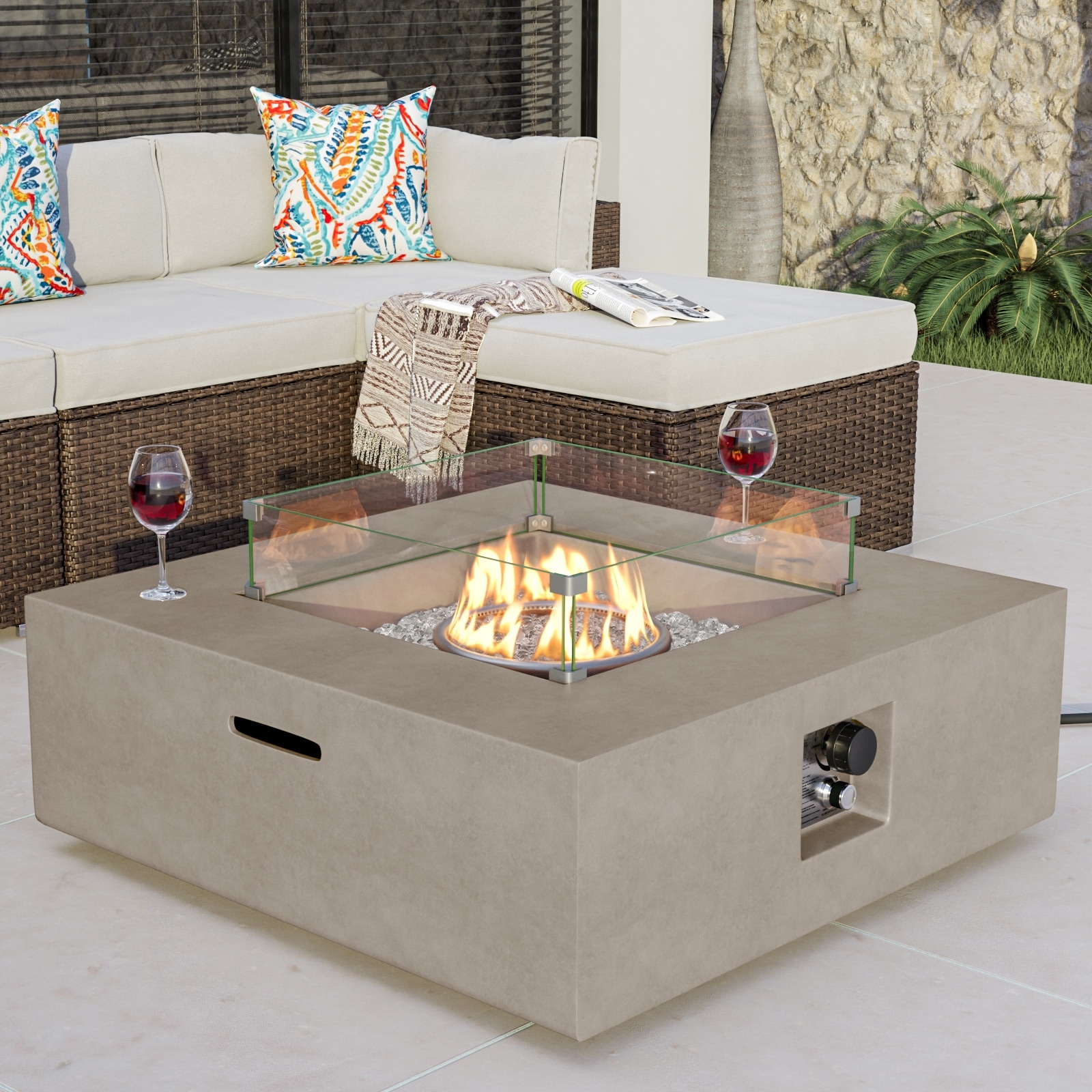 COSIEST Outdoor Square Fire Pit Table w Wind Glass, Fire Glass