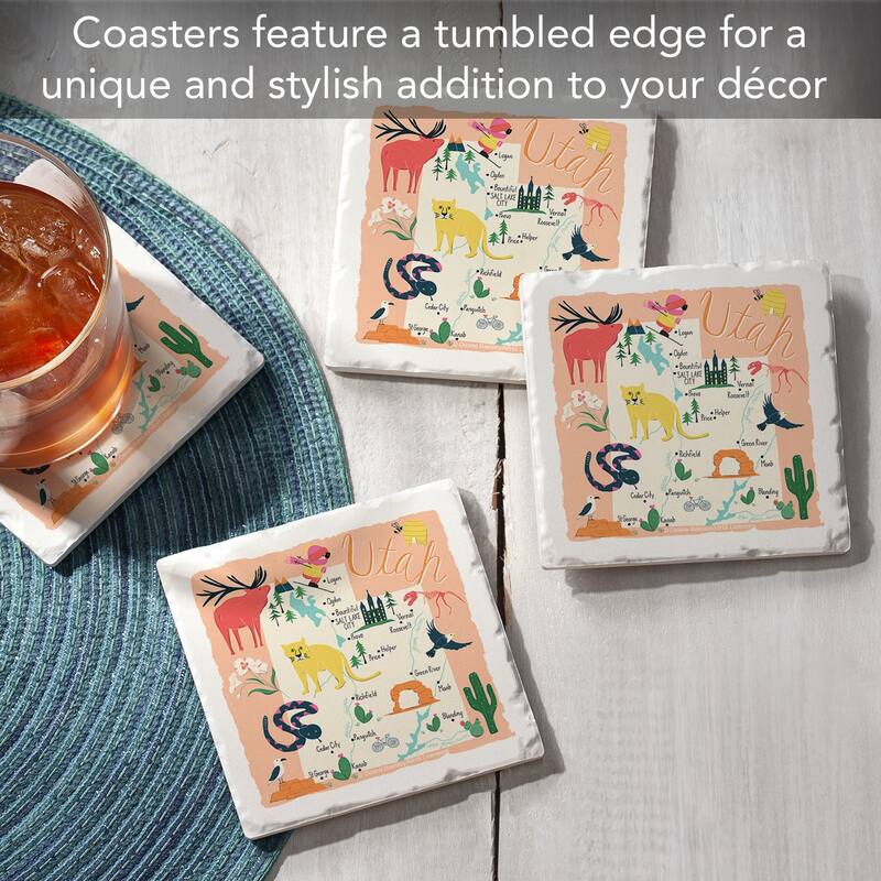 Utah Home 4-Pack Absorbent Stone Coasters with Protective Cork Backing 4" Square Made in The USA Artistic Easily Wipes Clean
