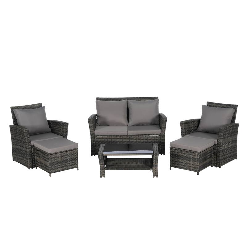 6-Piece Outdoor Patio Rattan Conversation Sofa Set with Tempered Glass Coffee Table