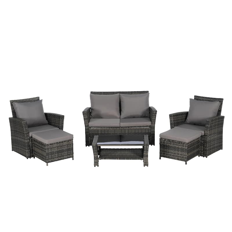 Patio Wicker Furniture Sets with Ottoman & Tempered Glass Coffee Table