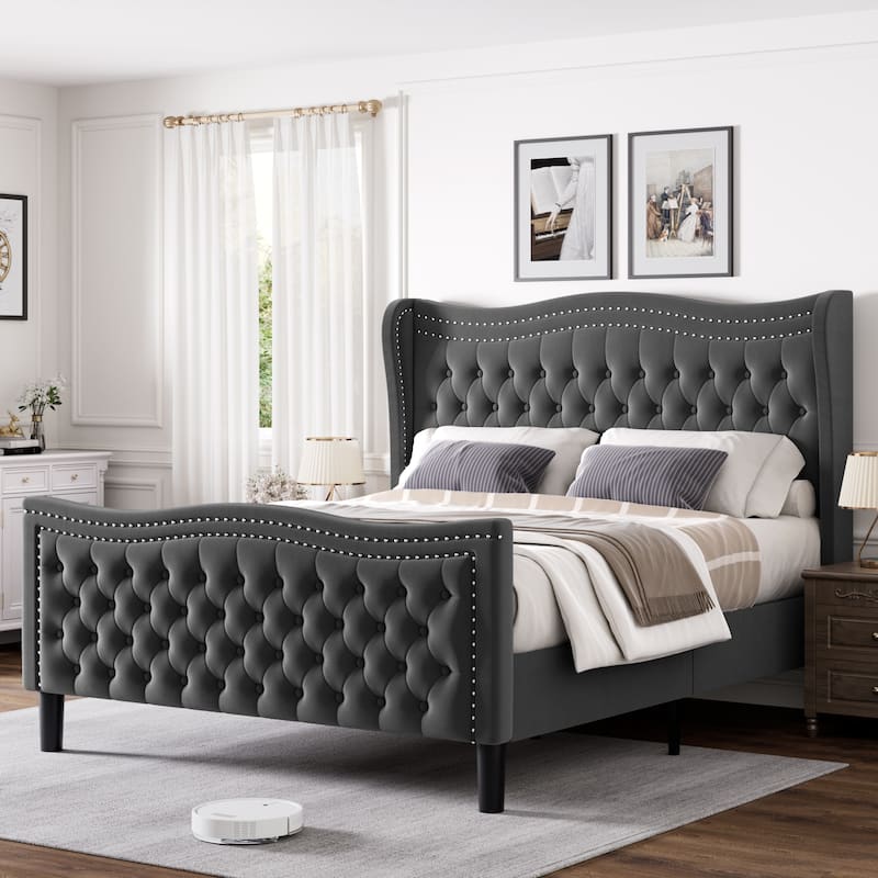 Full Size Tufted Wingback Bed Grey Velvet Upholstered Platform Bed with Solid Wood Slat Support Frame and Nailhead Trim