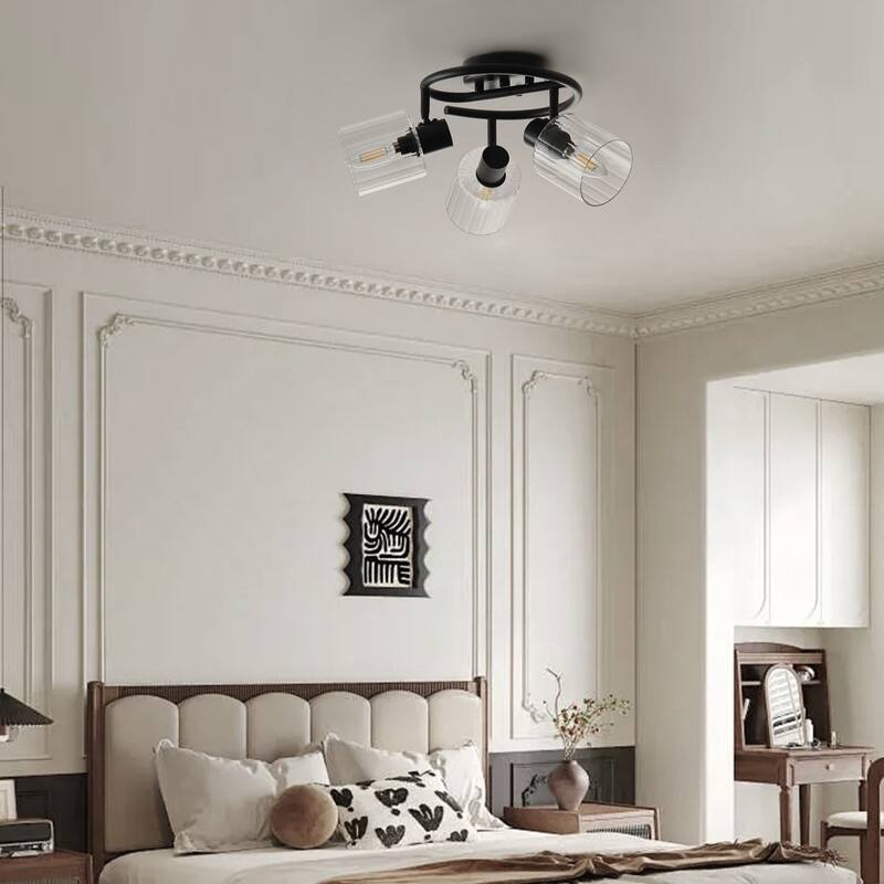 Modern 3 Light Semi-Flush Mount Ceiling Light with Clear Glass Shades and Black Finish