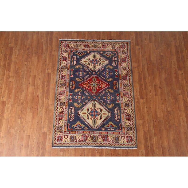 Navy Blue Kazak Area Rug Hand-Knotted Wool Carpet - 4'2" x 6'3"