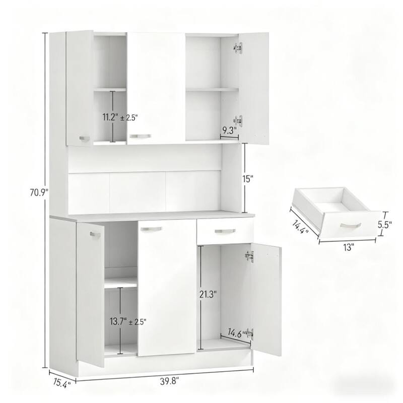 71" Kitchen Pantry Cabinet with Microwave Stand, 3 Adjustable Shelves