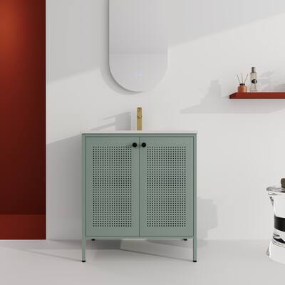 Freestanding Bathroom Vanity with Ceramic Sink, Adjustable Shelves, Cold Rolled Steel Cabinet, Double Door Design, Modern Style