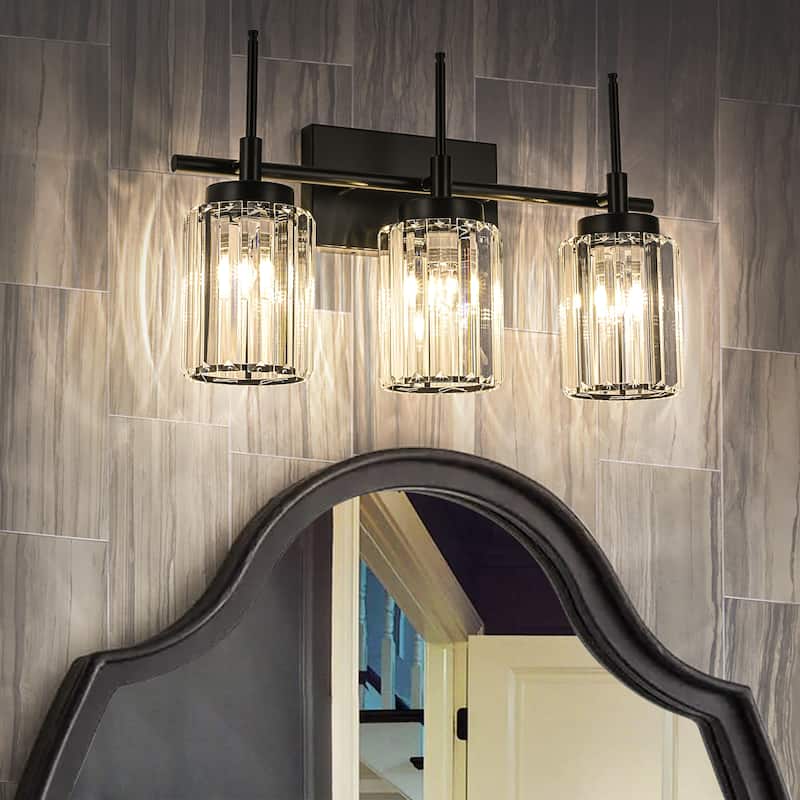 Modern Black 1/2/3/4/5-Light Bathroom Crystal Vanity Light Wall Sconces - Cylinder - 3-Light 19.7 in.W