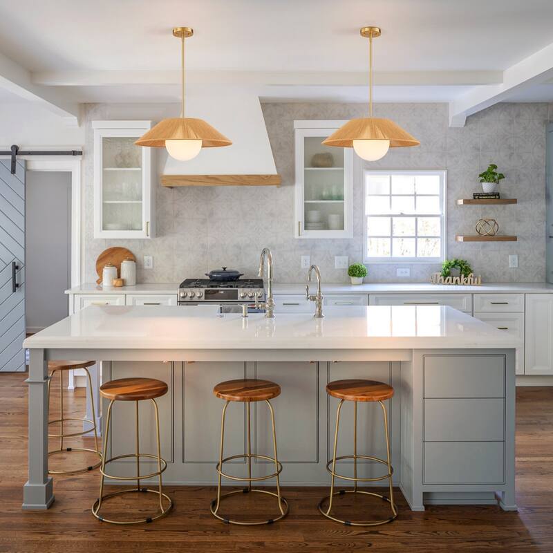 1-Light Farmhouse Globe Dome Pendant Light with Cotton Shade - Brass