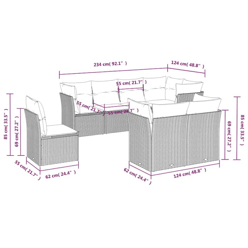 vidaXL 8/9 Piece Patio Sofa Set with Cushions Brown/Gray Poly Rattan - 21.7 x 24.4 x 27.2