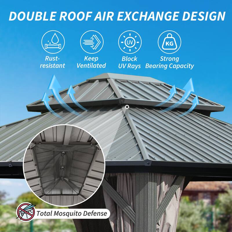 8' x 10' Permanent Metal Gazebo with Double Roof, Curtains, and Netting for Outdoor Gatherings