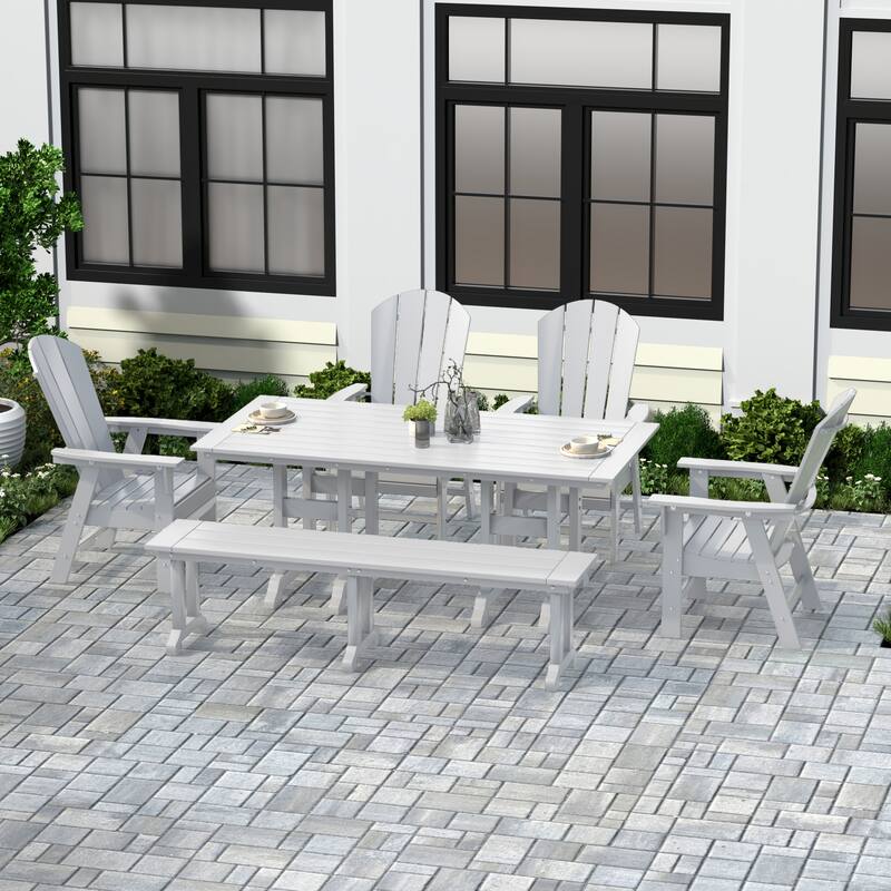 Laguna Hdpe All Weather Outdoor Patio Dining Set with Rectangle Table, Arm Chairs, and Bench (6-Piece Set) - White