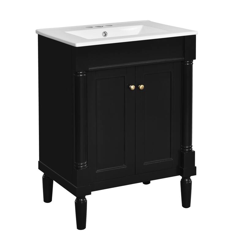 24 Inch Bathroom Vanity with Ceramic Top Sink, Freestanding Single Sink Vanity with Storage Shelves, Modern Style