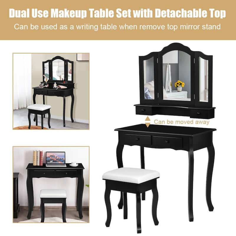 Gymax Vanity Jewelry Makeup Dressing Table Stool Folding Mirror Black