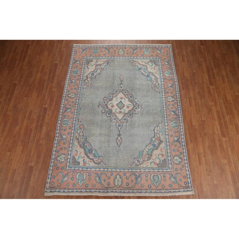 Hand Knotted Oriental 100% Wool Carpet Traditional Medallion Greys & Charcoal Tabriz Area Rug - 9' 6'' X 6' 9''