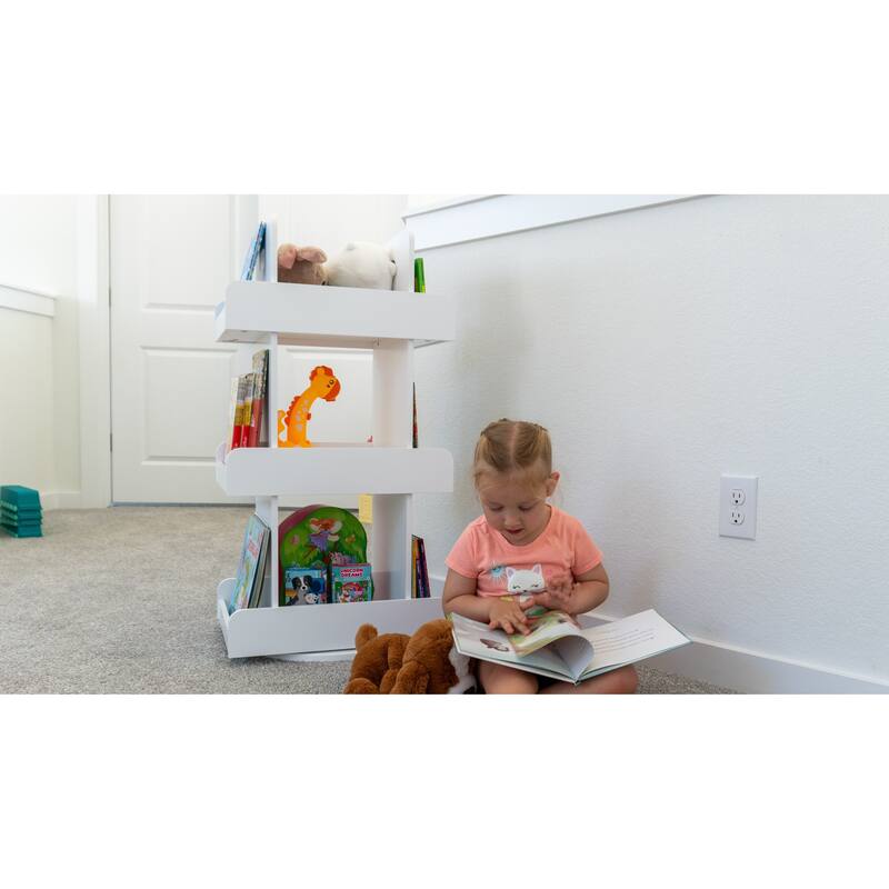 COSTARS Kids Rotating Bookshelf Tower, 3-Tier 360° Spinning Bookcase with Book Display, Revolving Storage Organizer , White