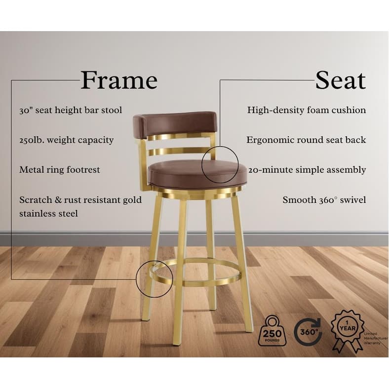 Madrid Modern Swivel Bar Stool, Upholstered Counter Height Chair with Metal Frame