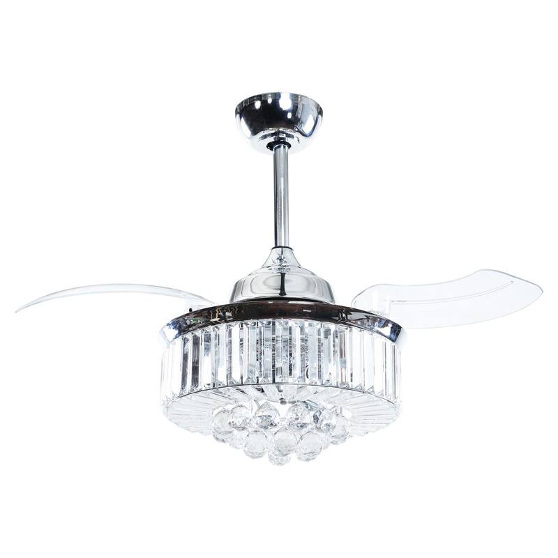 36-inch Chrome Retractable 3-Blade Crystal Ceiling Fan with Remote