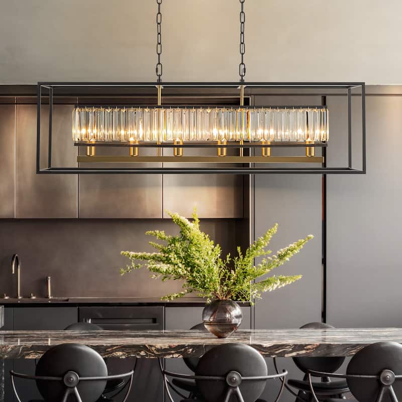 Rennnsan 6-Light Modern Black and Gold Rectangular Geometric Crystal Large Chandelier for Dining Room Table - 39.37 in. W x 11.02 in. H x 11.81 in. D - Black/Brushed Brass