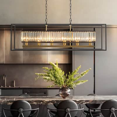 Rennnsan 6-Light Modern Black and Gold Rectangular Geometric Crystal Large Chandelier for Dining Room Table
