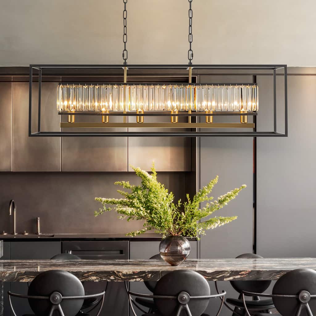 Rennnsan 6-Light Modern Black and Gold Rectangular Geometric Crystal Large Chandelier for Dining Room Table