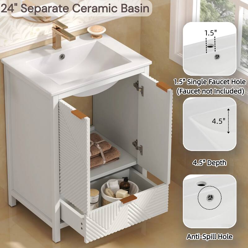 Anmytek 24 Inch Bathroom Vanity with Ceramic Basin Geometric Door Design for Small Bathroom Storage