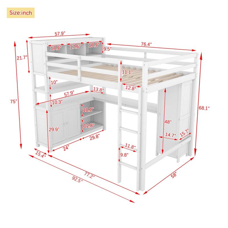 Wood Full Size Loft Bed Frame with Cabinet, Bookshelf and Wardrobe