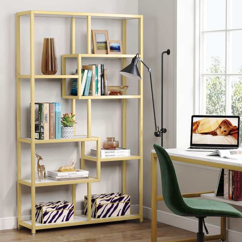 Etagere Bookcase 8 Tier Bookshelf with Gold Metal Frame and White Faux Marble Board for Home office, Living Room - Gold and White Marble
