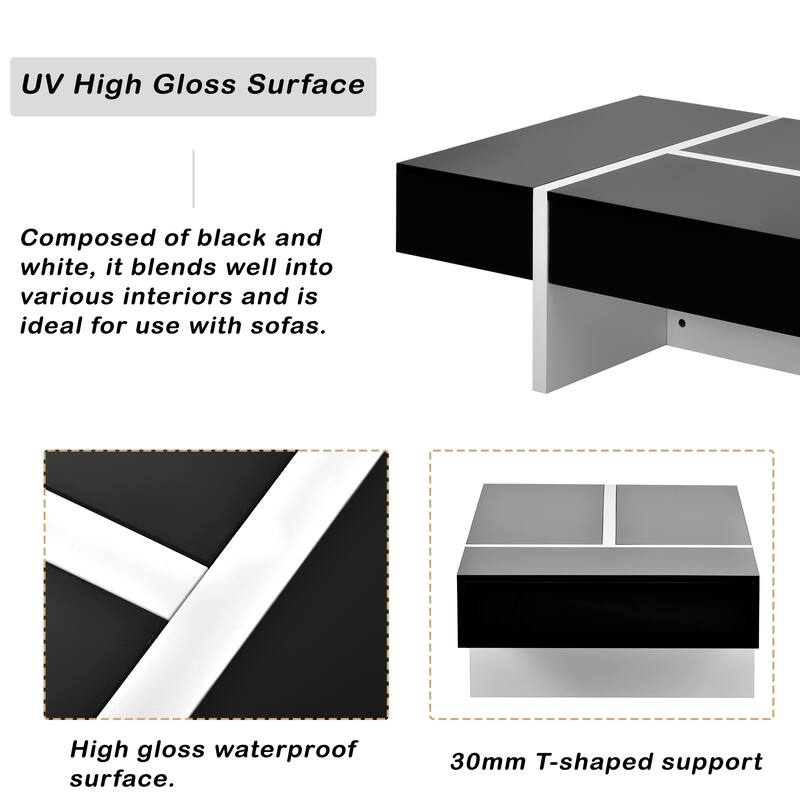Roomfitters Modern Rectangle Coffee Table with High Gloss Finish, Contemporary Center Table for Living Room or Sofa Seating