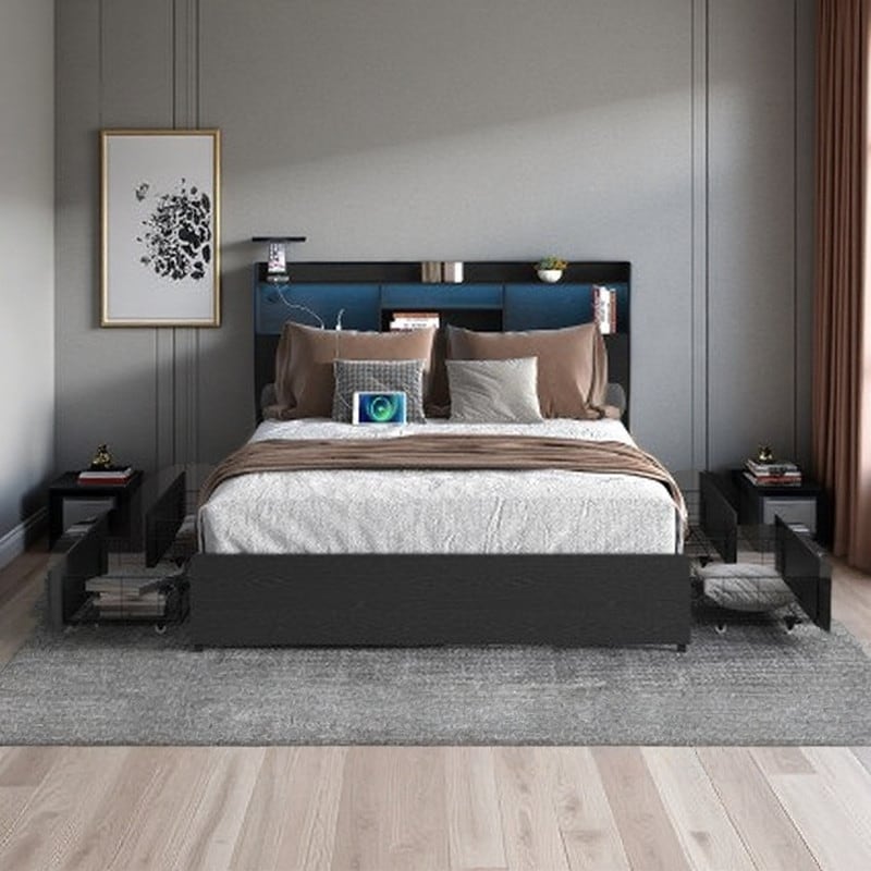 Full Size Bed Frame with 4 Drawers, LED Headboard & Charging Station