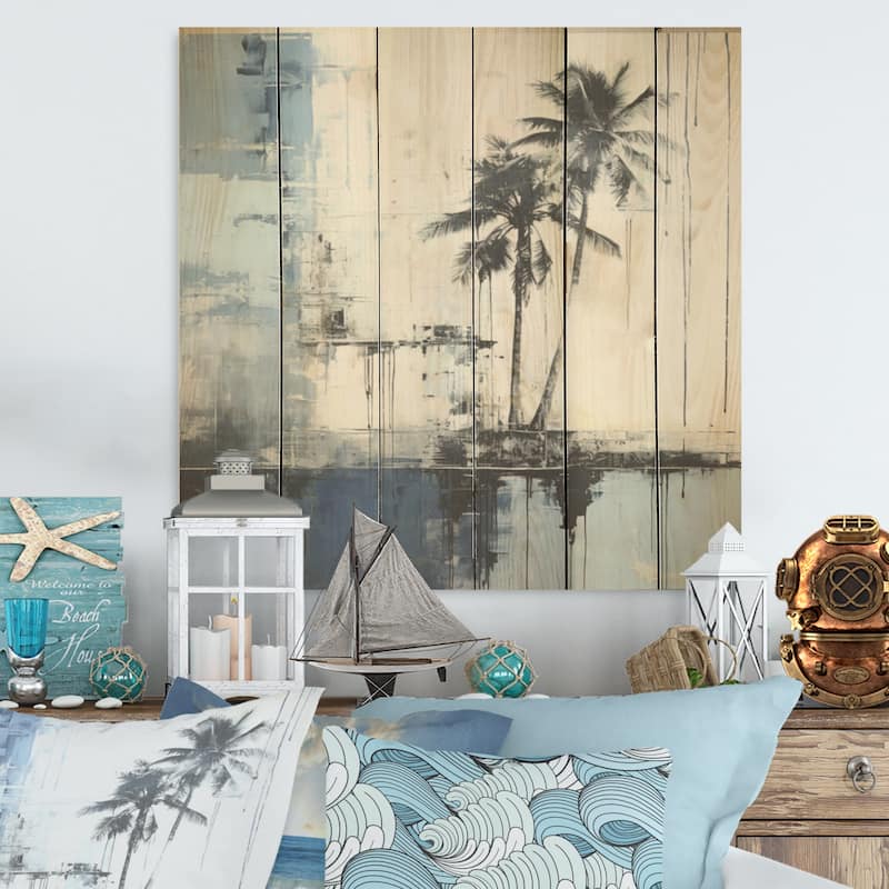 DESIGN ART "Tropical Blue And Grey Palmtree Collage" Coastal Wall Art Grey Wood Panel On Natural Pine Wood