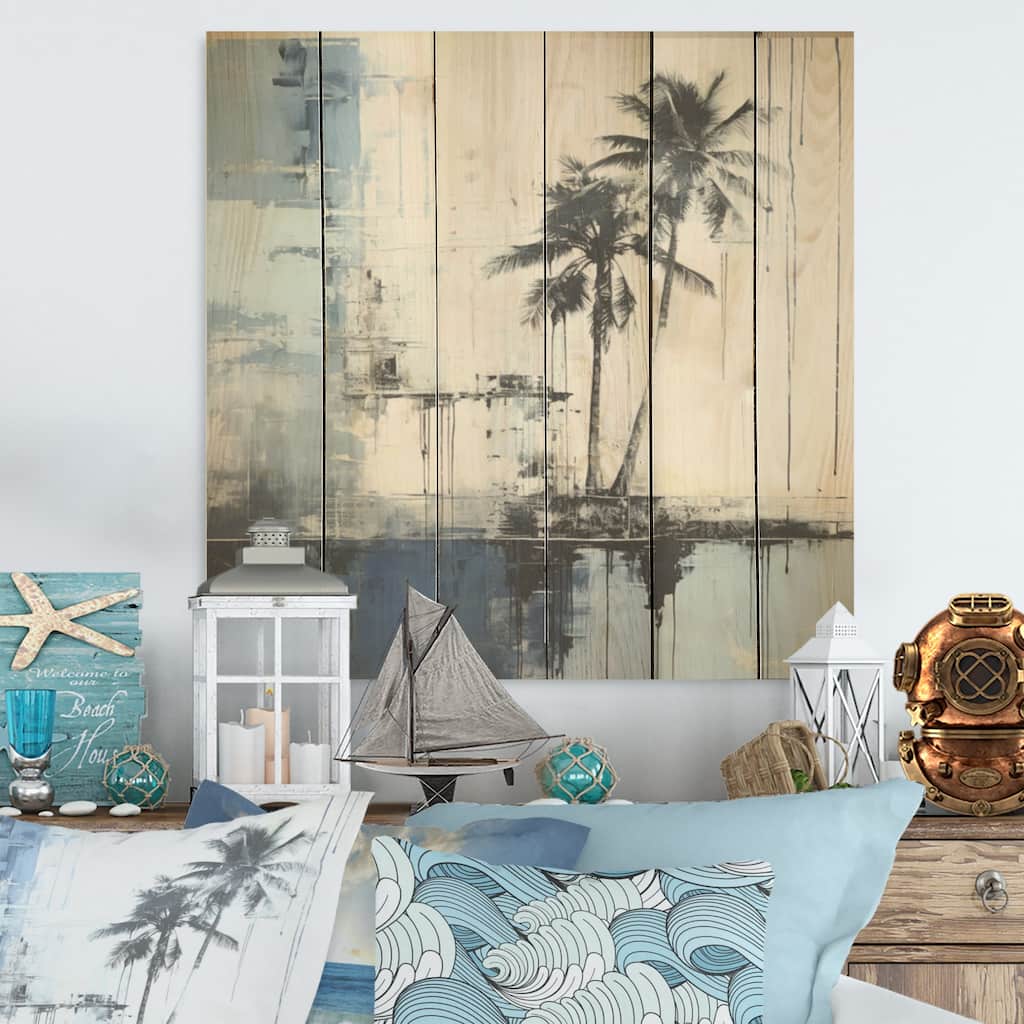DESIGN ART "Tropical Blue And Grey Palmtree Collage" Coastal Wall Art Grey Wood Panel On Natural Pine Wood