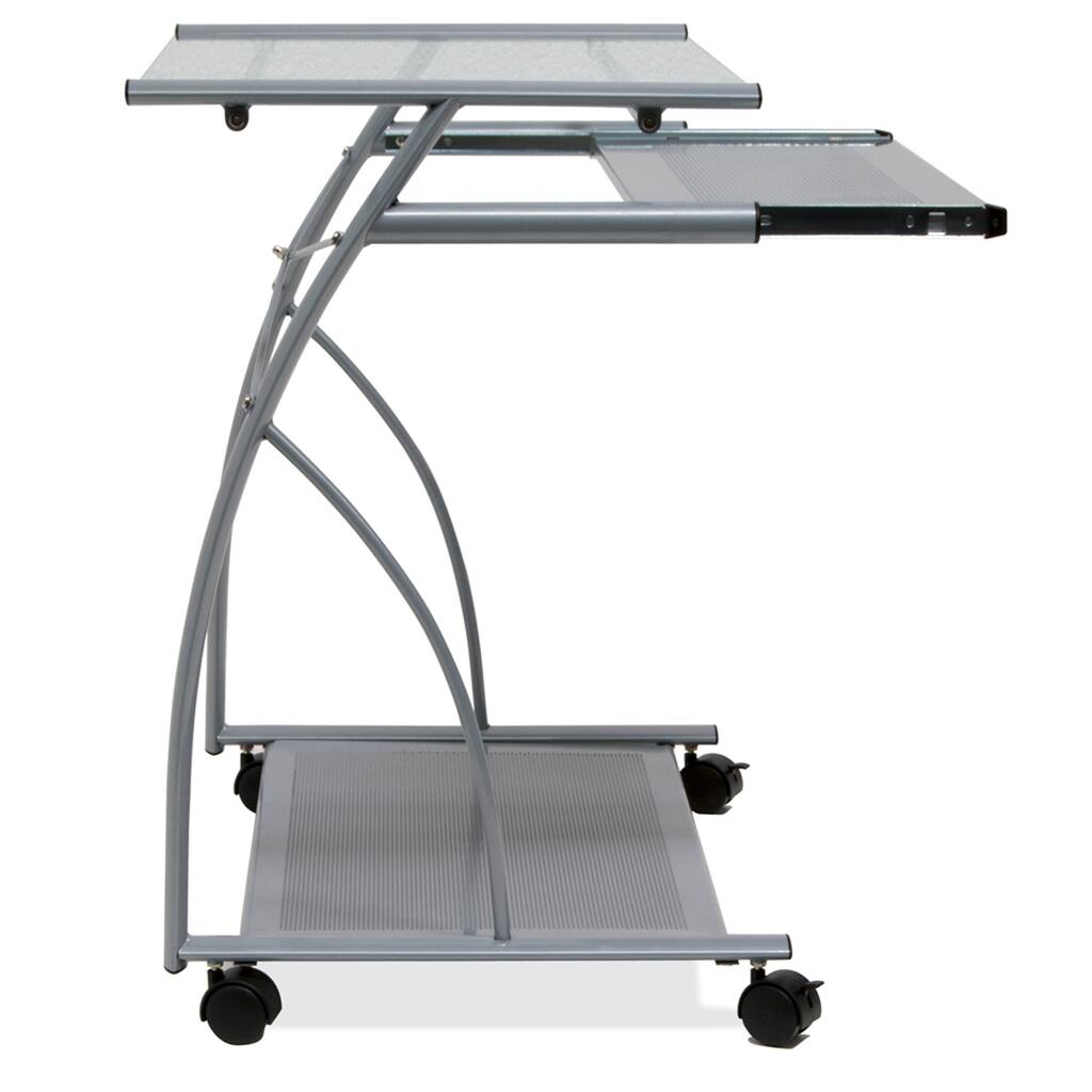 Offex L Cart Compact Computer Cart with Storage and Keyboard Shelf - Silver / Clear Glass - 27"x 18.75"x 29"H