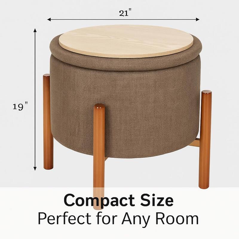 Modern Linen Ottoman with Pine Legs and Hidden Storage Flip Tray