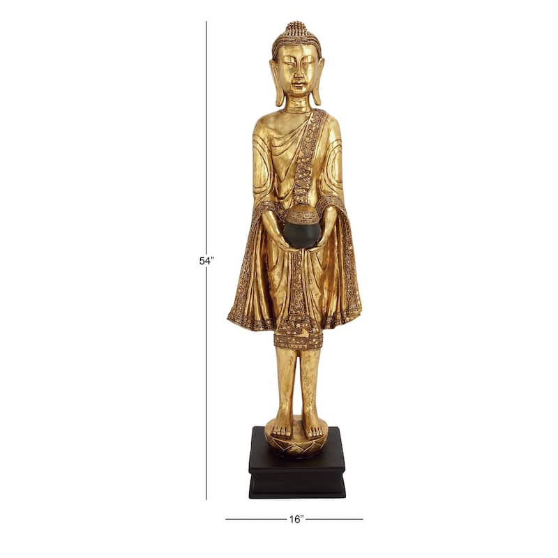Polystone Buddha Standing Floor Sculpture with Engraved Carvings and Relief Detailing - Gold - Roche River Decor