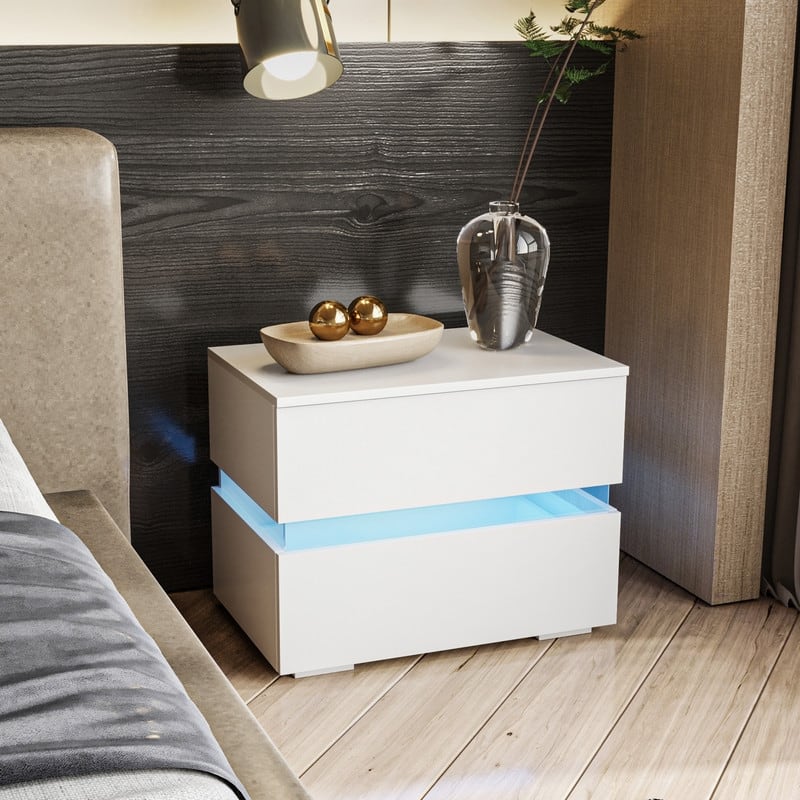 White RGB LED Nightstand - White - 2-drawer