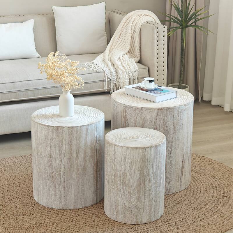 Roomfitters Round Wood Coffee Table Set of 3 with Natural Finish, Nesting Accent & Side Tables, Tree-Stump Design - Antique White,Natural Whitewash,White Washed,Wood