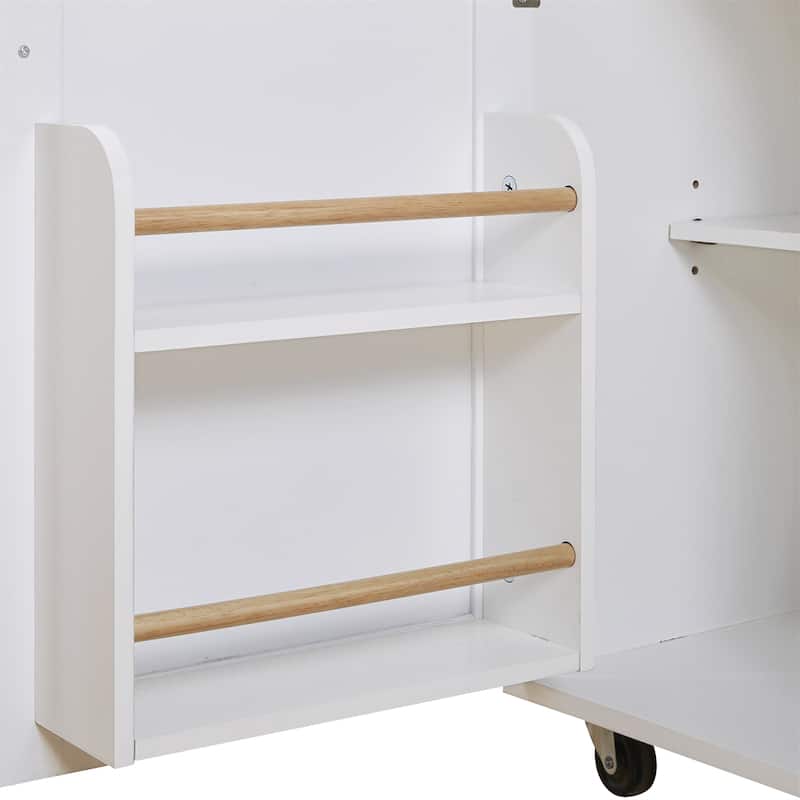 Rolling Kitchen Island w/ Rubber Wood Top, Adjustable Shelf Tower Rack