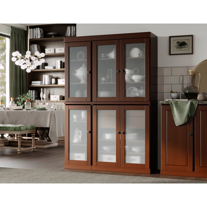 100% Solid Wood 48.5" Pantry Cabinet with Frosted Glass Doors and 2-Drawers