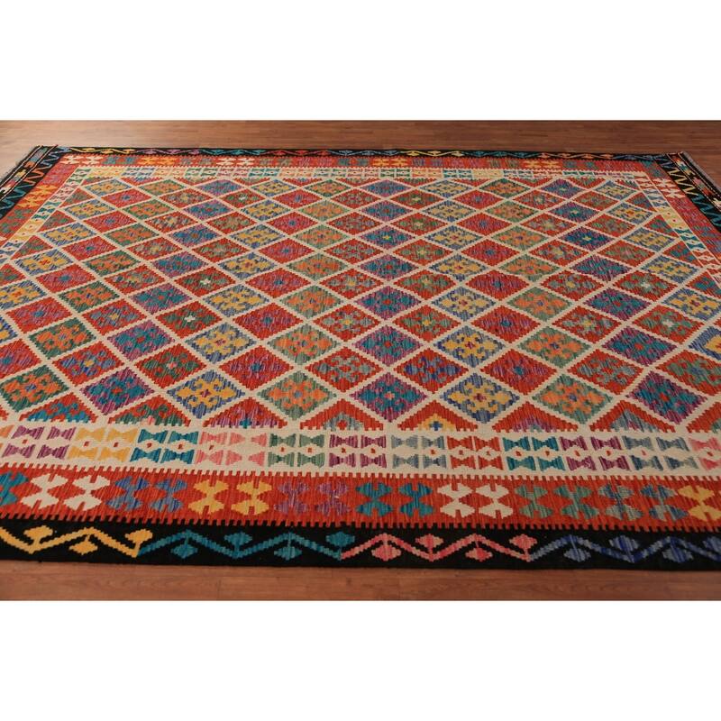 Geometric Trellis Kilim Area Rug Handmade Wool Carpet - 8'8"x 11'4"