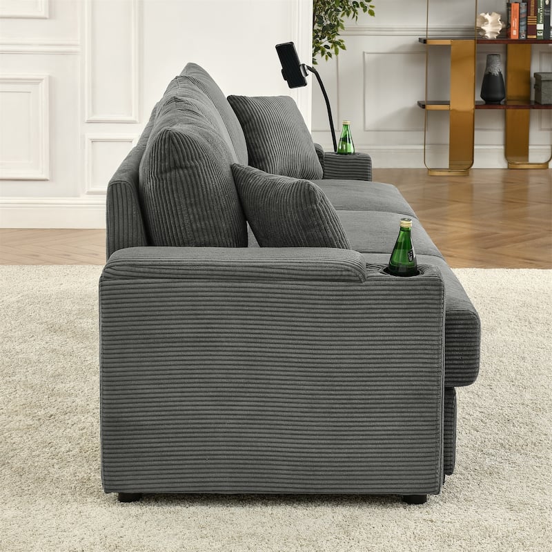 102" Corduroy 3-Seater Sofa with Deep Seat, Cup & Phone Holders