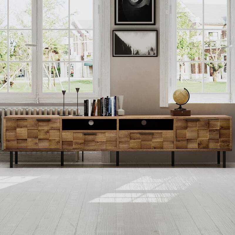 Rattan with Solid Wood Legs TV Stand for TVs up to 85 in - n/a - Walnut